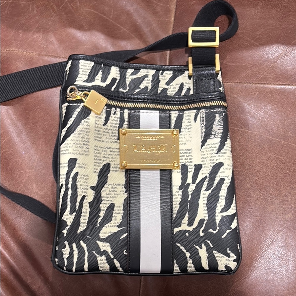 L.A.M.B. GWEN STEFANI News Print Zebra Design Coated Canvas Crossbody Purse Bag